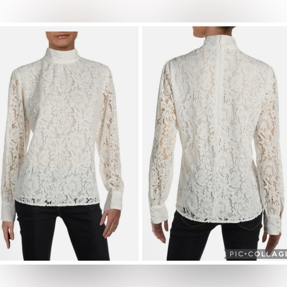 LAUREN RALPH LAUREN Hiriko White Lace Mock Neck Long Sleeve Top Blouse, 10
